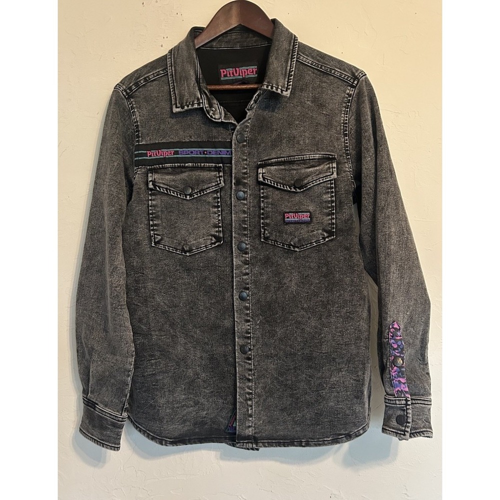 Pit Viper‎ Sport Denim Button Up XS Acid Wash Black Retro Logo Streetwear 90s